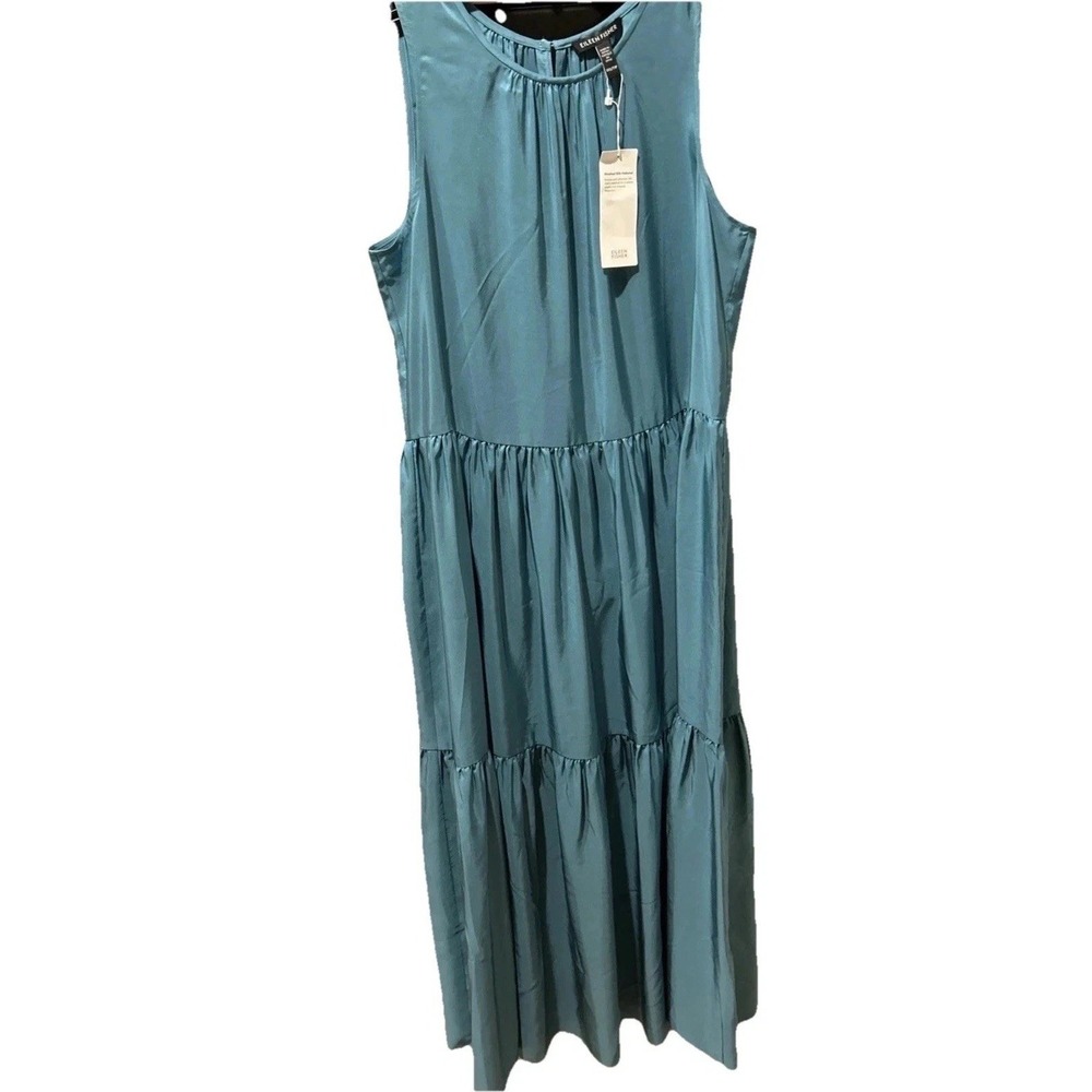 New Eileen Fisher Silk Tiered Layered Ruffle Dress Oversized XXS Teal Size 2XS